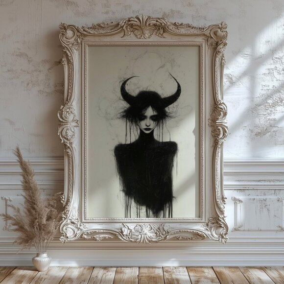 Original Girl With Horns Art Print + Digital Copy, Paint Drip Sketch - Picture 4 of 8